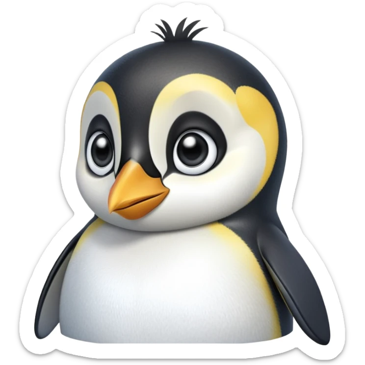 cinematic-cute-emperor-penguin-portrait-emoji,-head-tilted-playfully-and-inquisitively,-with-glossy,-pristine-plumage,-sparkling-eyes-filled-with-curiosity,-simplified-yet-irresistibly-adorable-features, black, large black eyes face sticker