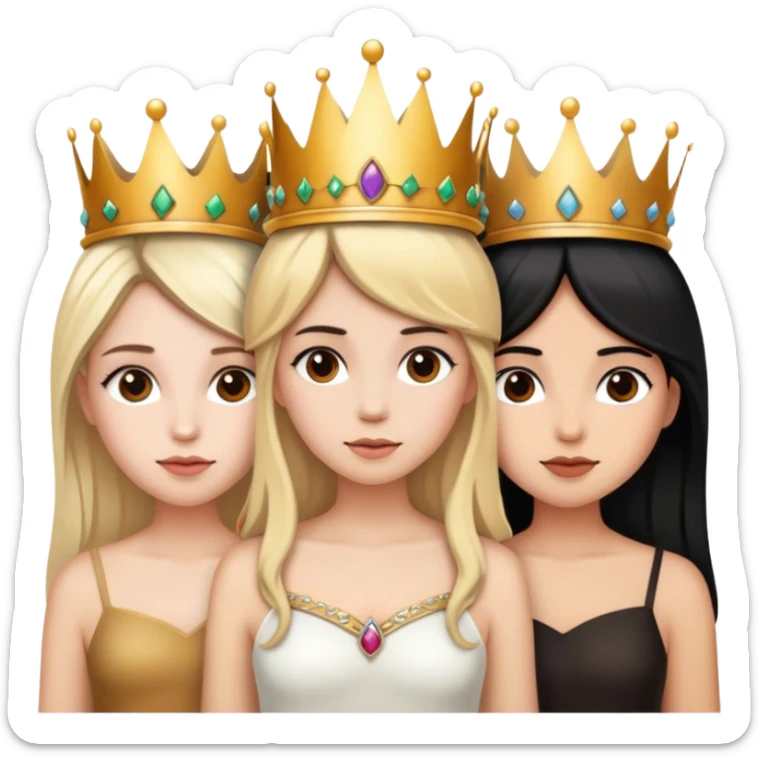 3 girls with crowns. One with blonde hair. One is tan with brown hair and the other has black hair sticker