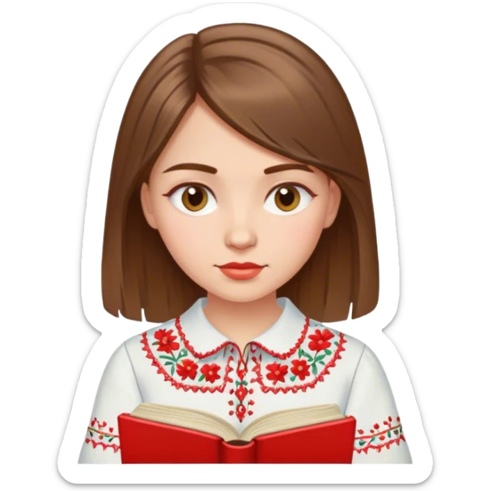 A Ukrainian girl with brown hair in an embroidered shirt reads a red book sticker