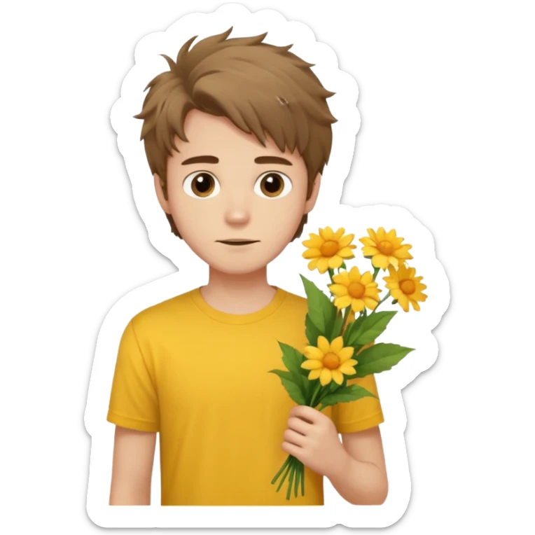 generate an ios genmoji of a 20 year old fair boy with brown long and messy hair with stubble on cheeks. should look like he cant grow a mustache., carrying a flower bouquet, wearing a yellow tshirt, looking shy sticker