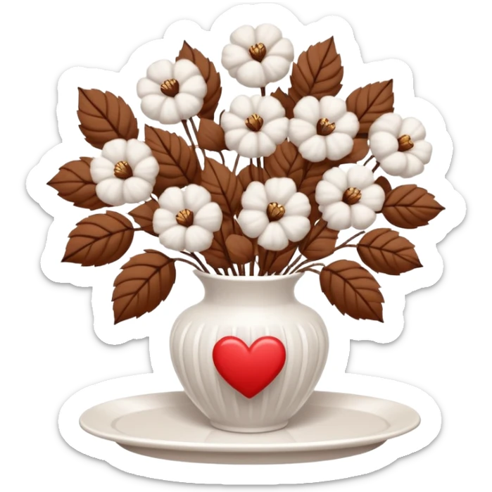 a bouquet of cotton flowers with brown dried petals, in a white ribbed vase on a white tray. next to it is a figurine in the form of a white heart sticker