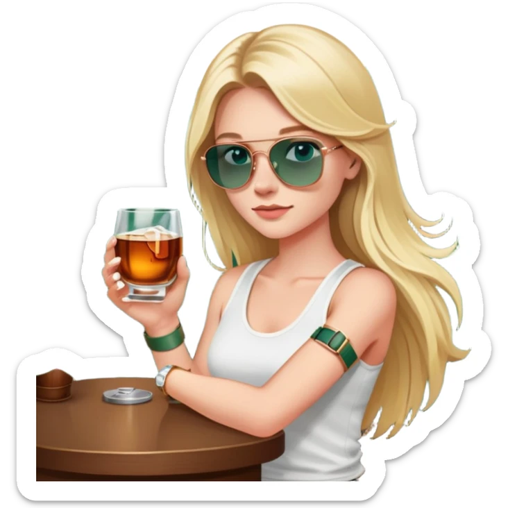 girl with long blond hair
with blue eyes
and aviator sunglasses
wearing white tank top 
holding a glass of whiskey 
wearing rose gold apple watch with forest green band  sticker