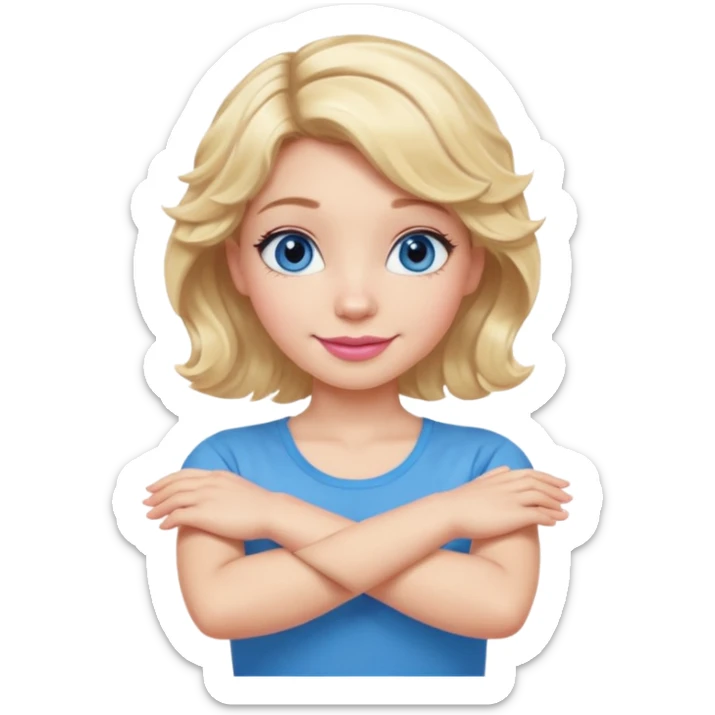 Girl Blonde short wavy hair,  blue eyes, cute blue top, long lashes, pink lips, smiling, making cross arms X with arms  sticker