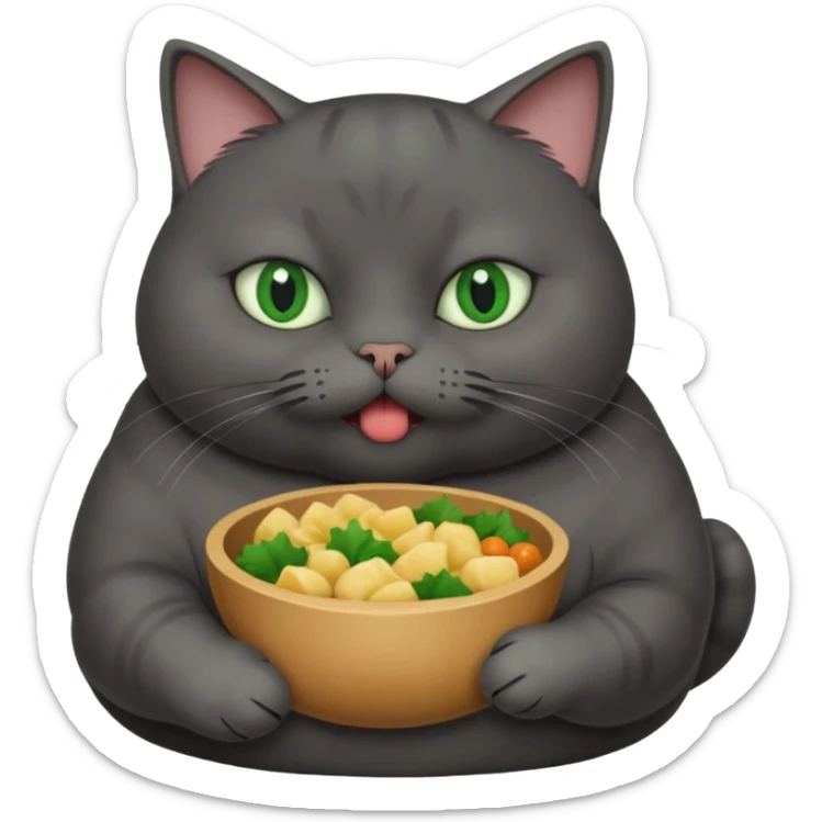 Fat dark gray cat with green eyes with food in its mouth  sticker