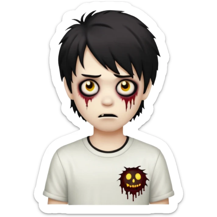 boy zombie with black, medium-long, emo, shaggy hair, dark and spooky, creepy expression, wearing a white shirt, emoji style sticker