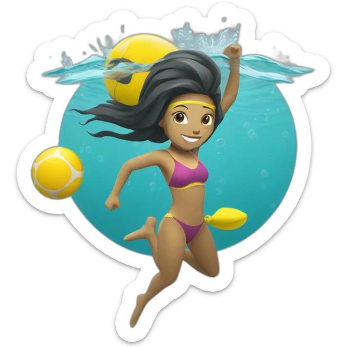 Underwater woman, swimming with fins, snorkel equipement, holding a small yellow ball, looking strong and fighting sticker