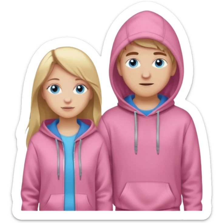 full-length couple, girl with long blonde hair and blue eyes in pink hoodie, boy with brown hair in gray hoodie sticker