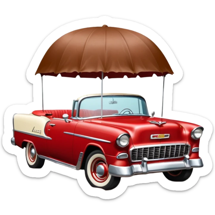 1955 Chevrolet Bel Air Convertible (Red-White color). The doors, bumper, hood and wheels are covered in sticky brown mud, which is clearly visible. Brown liquid mud is pouring out of the bucket from above. Aspect ratio: 1:1 sticker