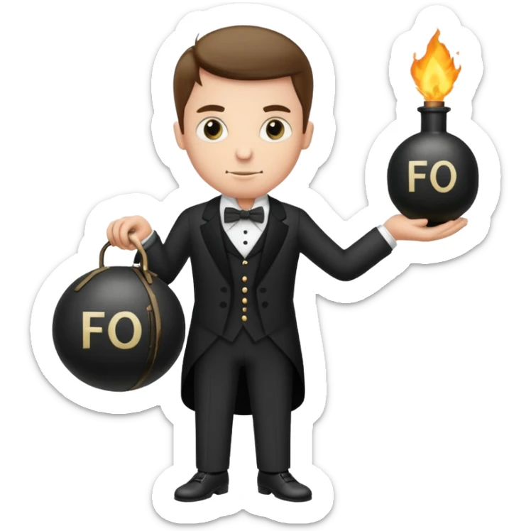 A butler holding an old-fashion bomb with the letters “FO” on the side sticker