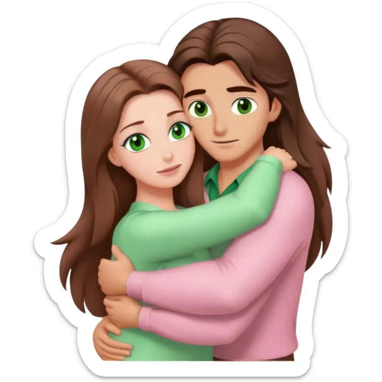 white woman with very long brown hair and green eyes in a light pink outfit hugging Gaston sticker