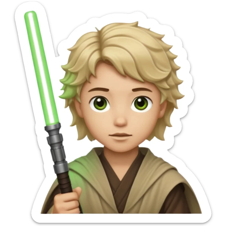 Young jedi with dark brown eyes and sandy blonde wavy short hair holding a green light saber.  sticker