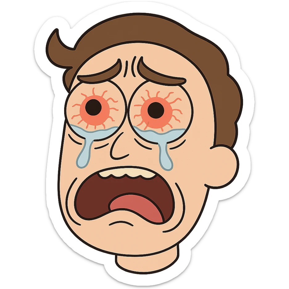 close-up of a face with exaggerated, red, teary eyes, eyebrows raised in pain, as if vinegar was dripped into the eyes, cartoon style sticker