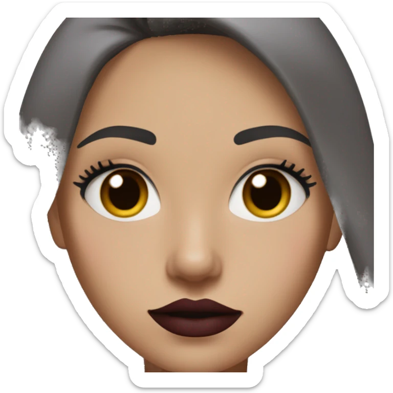 Girl with  medium brown hair, gray eyes, very light skin in black adidas sweatshirt with makeup eyelashes and dark red lipstick sticker