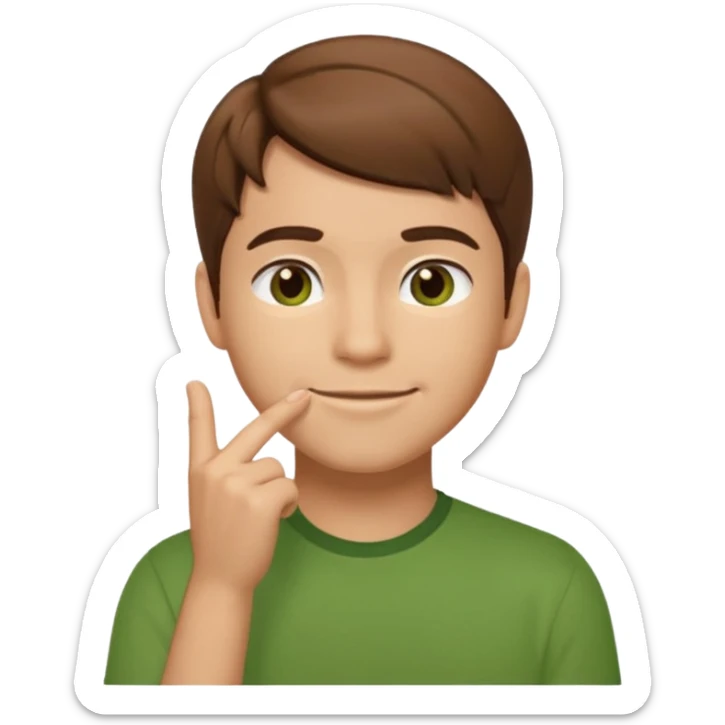 thinking emoji character of MatPat, hand on chin, brown hair, green shirt sticker