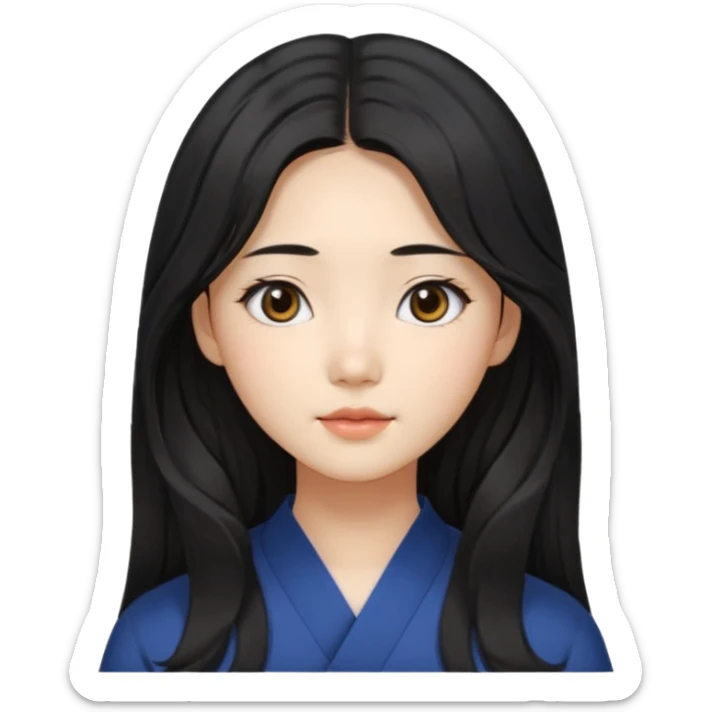Korean girl with long black hair that is slightly wavy, with a middle part and face framing hairstyle. Asian eyes, brown colored eyes sticker