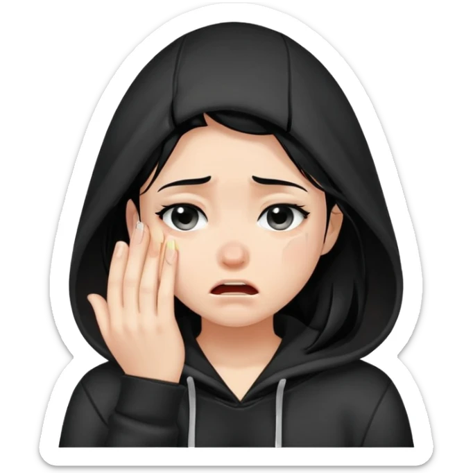 girl with black hair crying wearing a black hoodie sticker