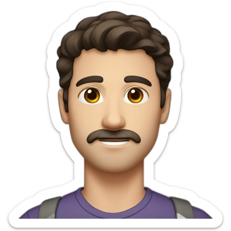 A young Caucasian man with dark brown eyes, almond-shaped eyes, short dark brown hair, and a small dark brown beard with a more prominent mustache. sticker