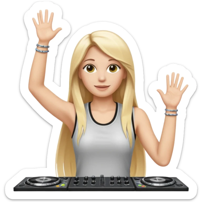 I want a white female dj animated gif emoji with long straight blonde hair putting hands up in the air. Wearing a tight no sleeve top  sticker