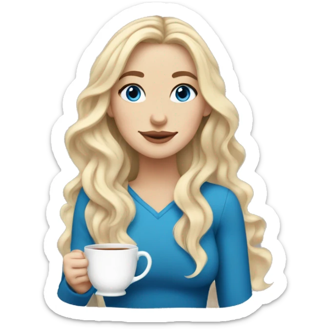 white girl blonde with long wavy hair and blue eyes with cup of tea sticker