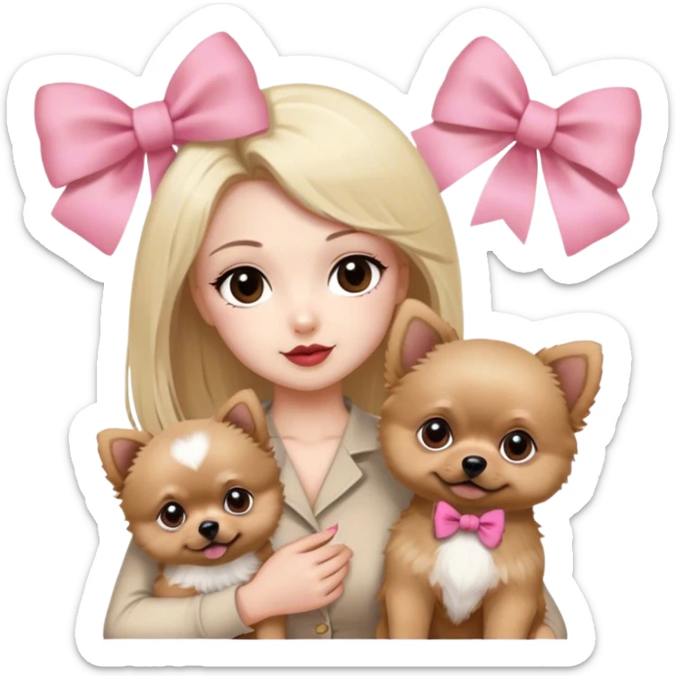 blonde girl old money beige outfit brown eyes with his boy husband white skin black hair and brown eyes with two pomeranian baby 1 white and another red brown with pink bow for the dogs sticker