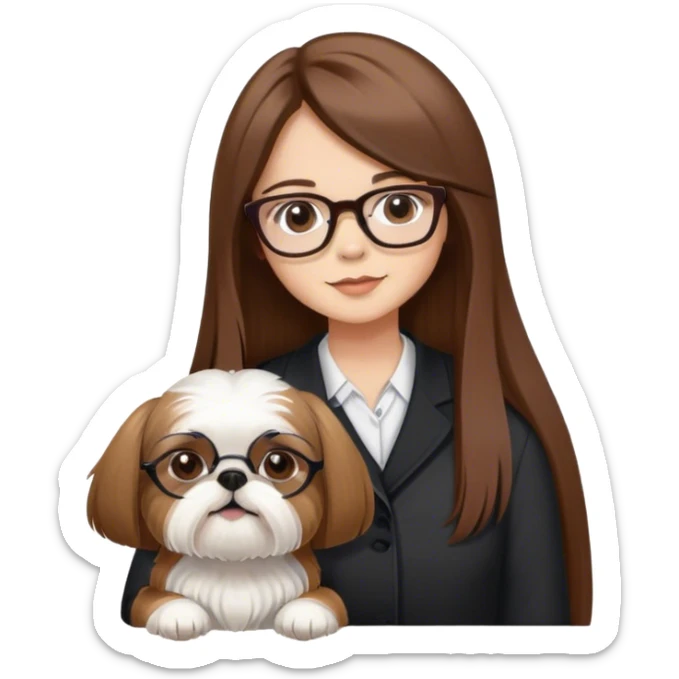 Uma menina de cabelos longos liso 3 castanho,pele clara, olhos castanhos mel, com oculos e um cachorro da raça shiatsu  sticker