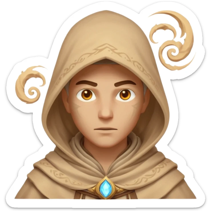 desert sand mage portrait, head and shoulders only, mystical hood, swirling sand aura, glowing eyes, fantasy vibe, 3D cartoon, mobile game icon style, clean background, no text, no watermark
 sticker