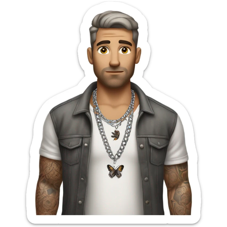 Full body image  of a Man with tattoos, brown hair and grey highlights, thick silver Cuban necklace that has big bug eyes looking to the side curiously sticker