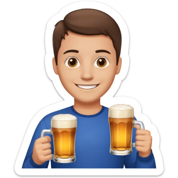 Brunette guy with short brown hair and light skin smiling with a pint of beer sticker