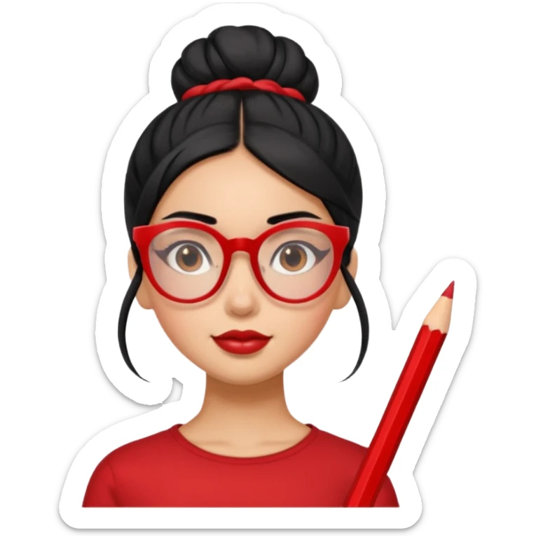 Morena girl with black hair in a pencil that creates a high bun hairstyle. She has red glasses sticker