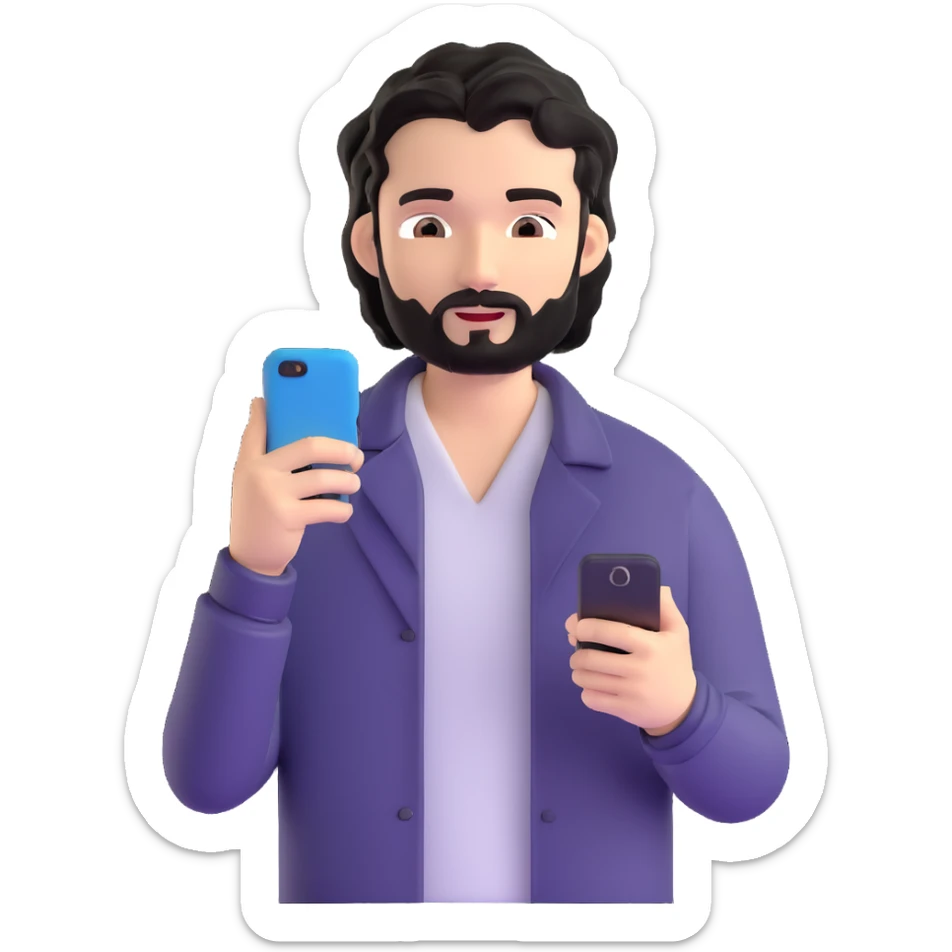Business professional with black wavy hair, stubble, chiseled face, in casual attire with open collar shirt, relaxed pose with smartphone, warm approachable expression, modern and relatable for social media profile sticker