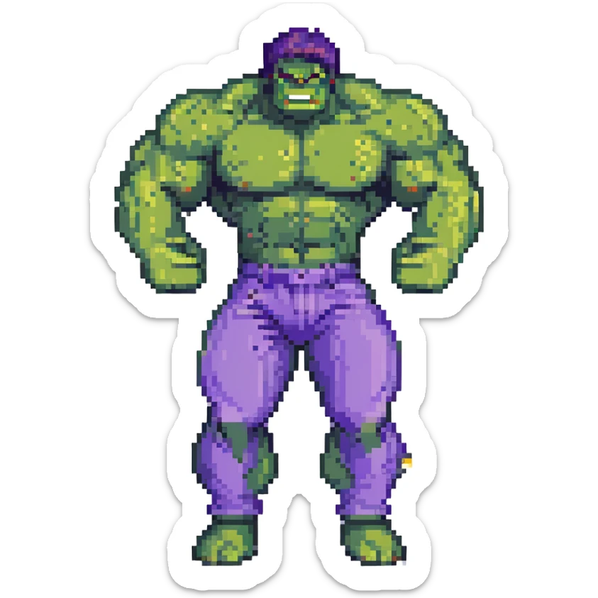 Hulk, green skin, muscular, purple pants, flexing arms, pixel art style sticker