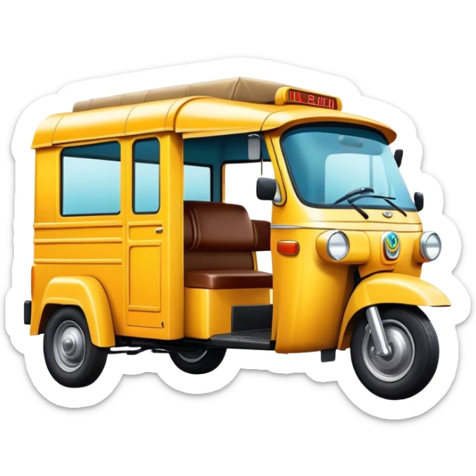 Cinematic Realistic Tuk Tuk Pop Culture Emoji, featuring a vibrant portrayal of the iconic Thai tuk tuk rendered with dynamic textures and lively, urban lighting. sticker