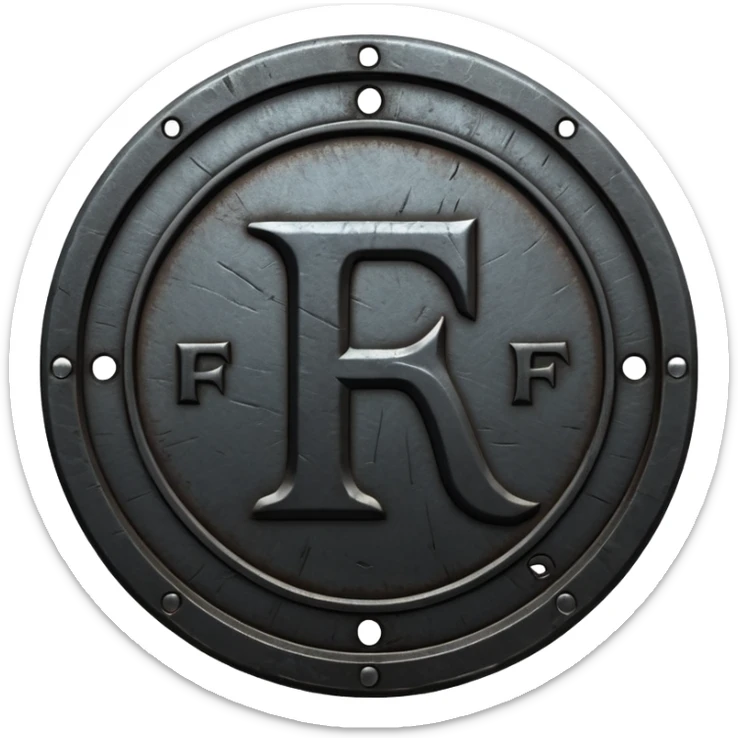 Minimal emoji, gothic metal coin made of black steel, engraved number f at the center, ancient industrial aesthetic, worn metal texture, no glow, no neon, flat emoji design, centered, transparent background sticker