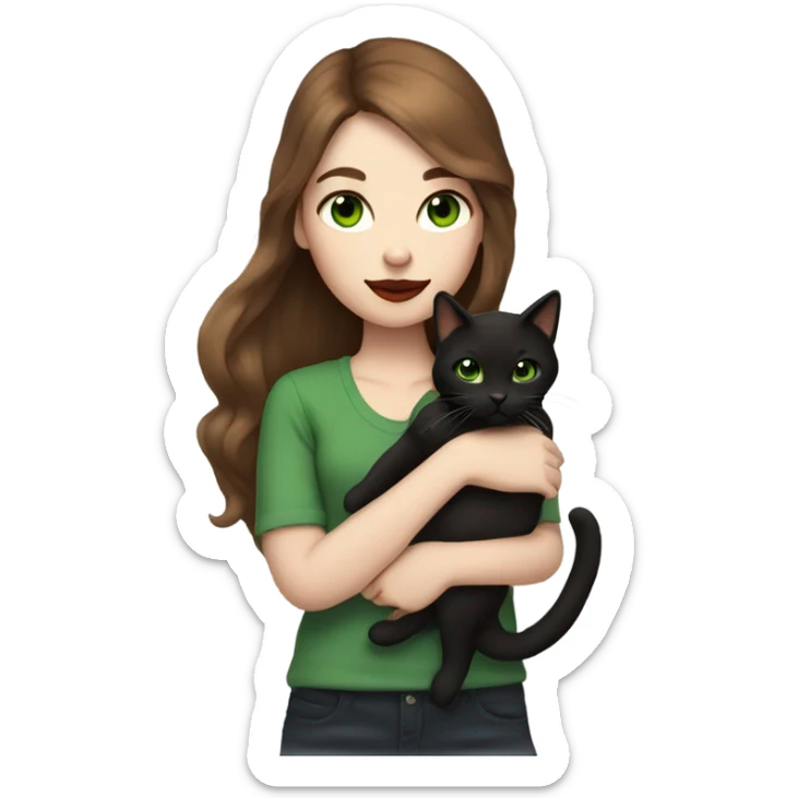 A girl with white skin, green eyes, red lipstick, mid long brown hair, holding a black cat in her arms  sticker