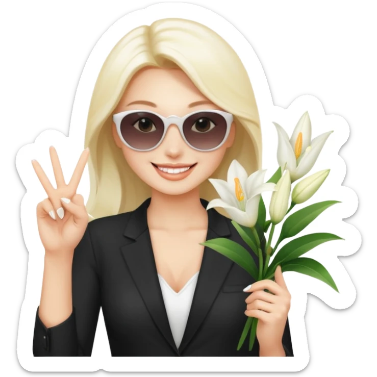 Professional sexy woman smiling holding lilies posing in shades  and flashing peace sign fingers sticker