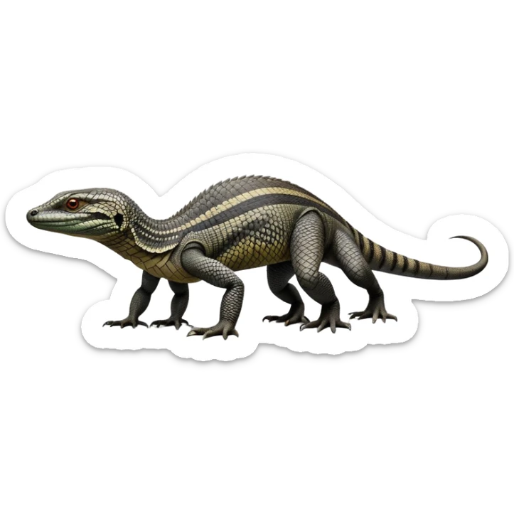 cinematic-monitor-lizard-realistic-full-body-standing on all fours-emoji,-long-powerful-tail-dragging-slightly-behind,-sleek-scaled-body-textured-with-rich-patterns and stripes,-head-tilted-dramatically,-dark-intense-eyes-observing-its-surroundings,-simplified-yet-realistic-focused-features,-highly-detailed,-glowing-with-an-almost-sarcastic-glow sticker