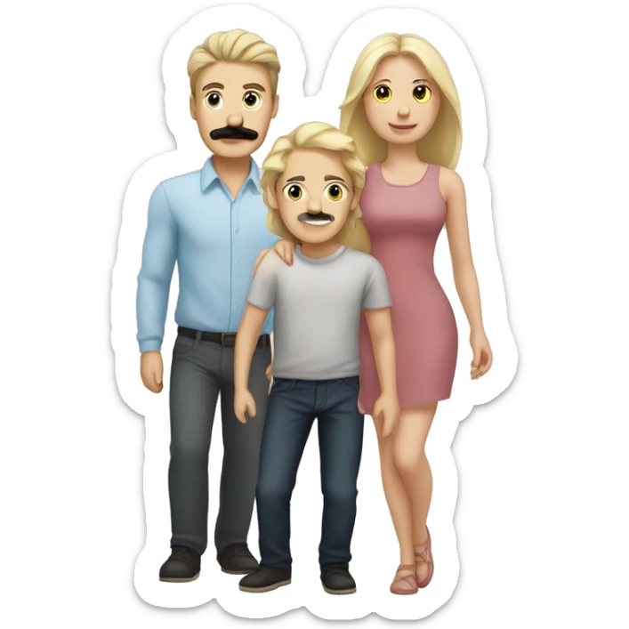 a white family with a man with a black mustache , a blonde woman, two brunette girls, and a blonde boy sticker