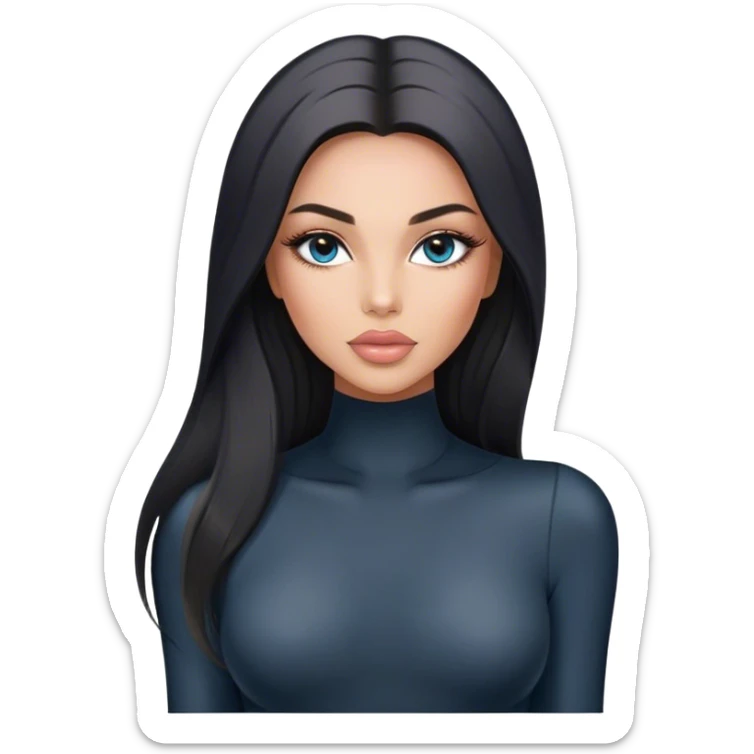 Glamours, tanned, very beautiful girl, with big pump peach-beige-rose lips, long long lashes, black straight smooth silky long hair, straight parting hair, blue-grey eyes in black long-sleeves bodysuit sticker