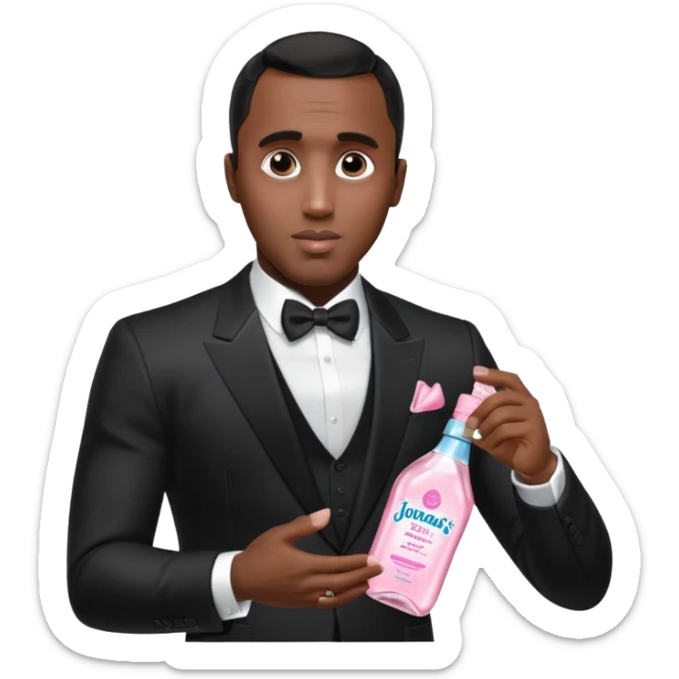 A realistic product shot of a transparent bottle of Johnson’s Baby Oil by Johnson & Johnson, featuring a soft pink label. The oil inside is crystal clear and glossy. Sean "Diddy" Combs in black suit is holding the bottle sticker