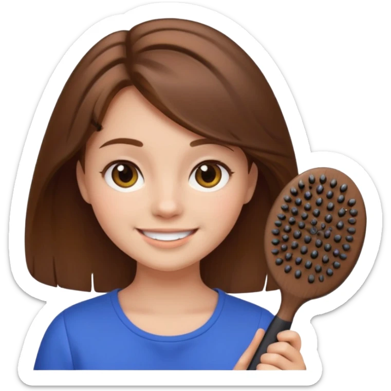 smiling girl with brown hair holding a hairbrush, minimal details, round face, iPhone emoji style sticker