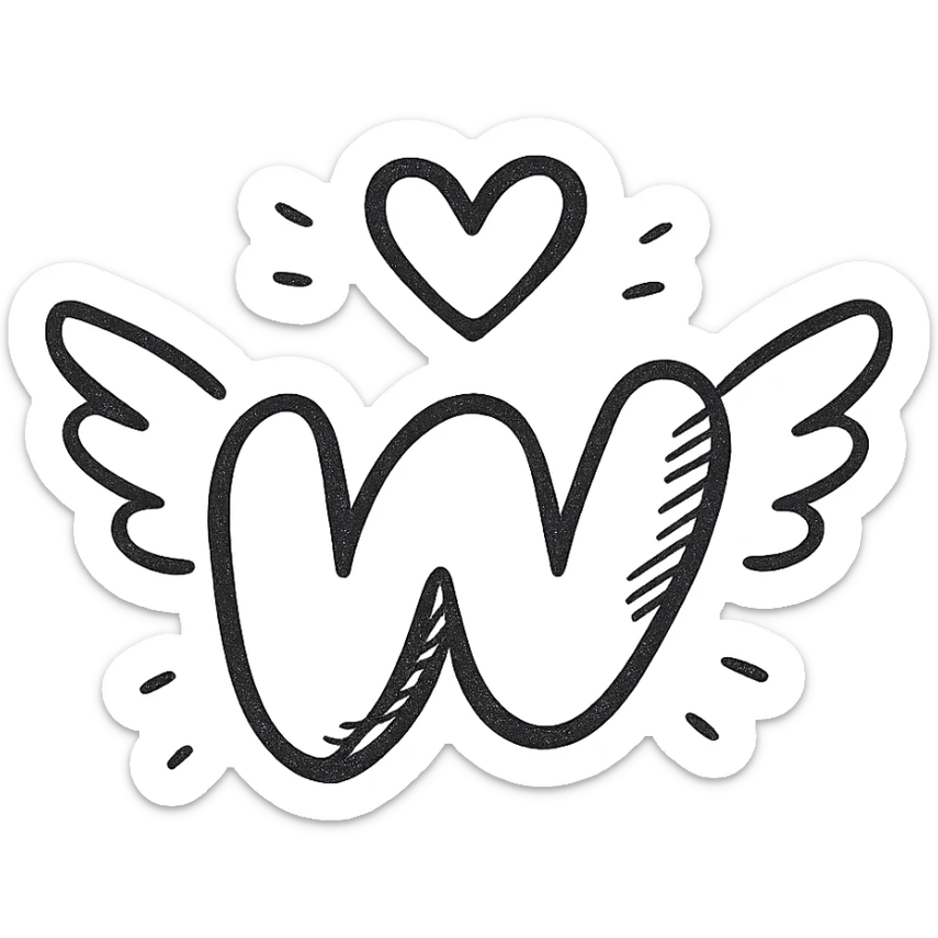 plump juicy Wattpad logo 'w' with bold outline, stylized shadows and highlights, decorated with pair of wings and heart above the logo, no background sticker