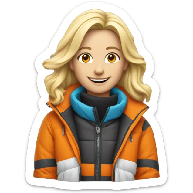 smiling blonde in ski  jacket like in the emoji with the orange vest. sticker