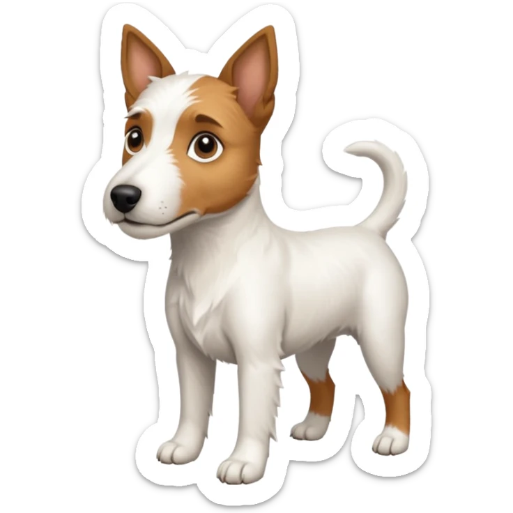 a full body large white parson russell looking dog the size of a kelpie with light brown ears and a light brown patch on one eye and a large snout sticker