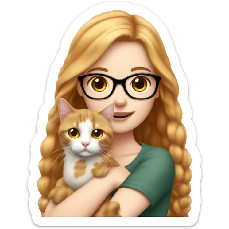 White skin strawberry-blonde haired girl with glasses holding long-haired calico cat sticker