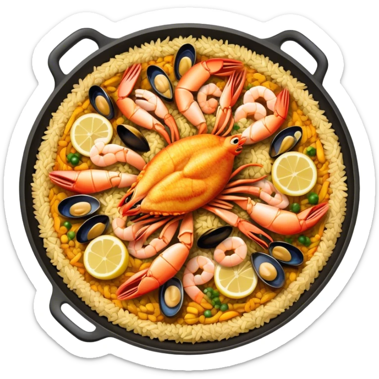 Cinematic Realistic Paella Dish Emoji, depicted as a vibrant, aromatic rice dish loaded with seafood, chicken, and saffron rendered with rich textures and dynamic, warm lighting. sticker