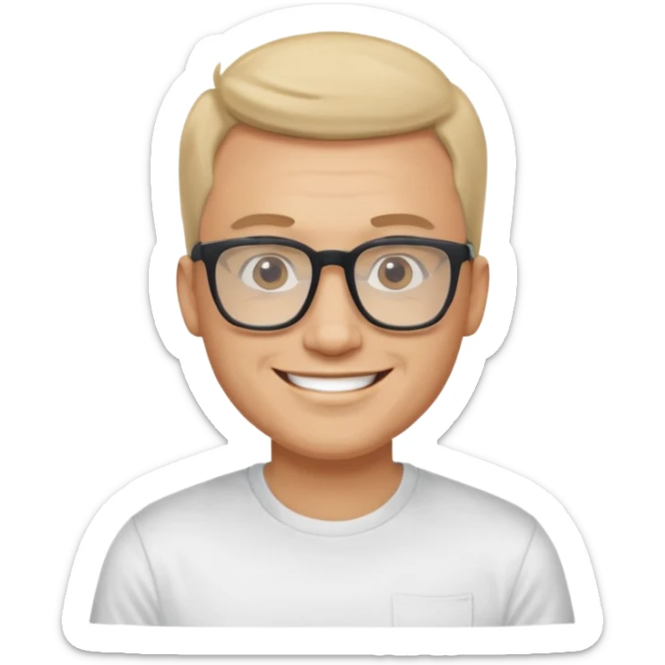 portrait of adult man, wearing a t-shirt, square glasses, smiling face sticker