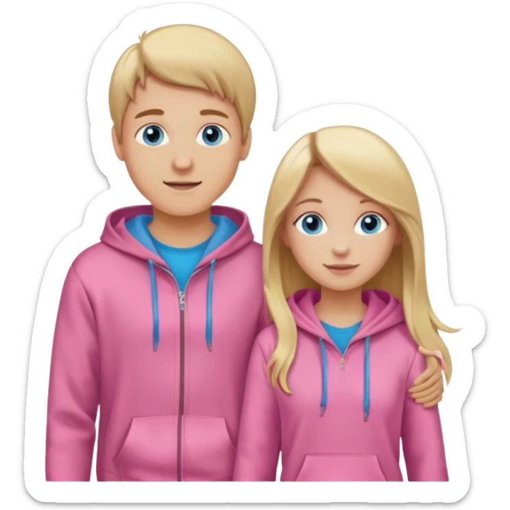 full-length happy couple, girl with long blonde hair and blue eyes in pink hoodie, boy with brown hair in gray hoodie sticker
