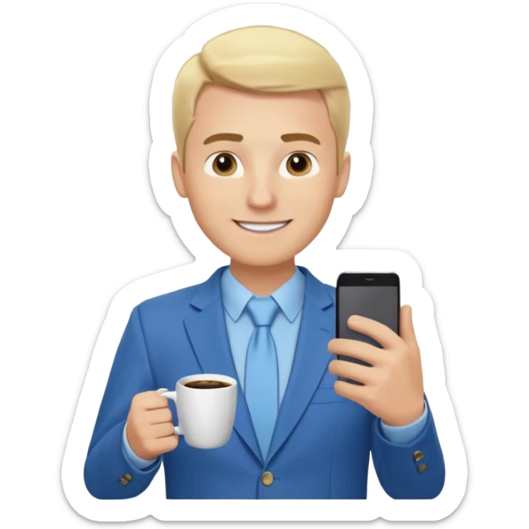 Confident and outgoing male entrepreneur, Caucasian features, blonde hair, big friendly smile, expressive eyes, defined eyebrows, wearing a blue blazer over a light blue shirt, holding a smartphone in one hand and a coffee cup in the other, waist-up, front-facing sticker