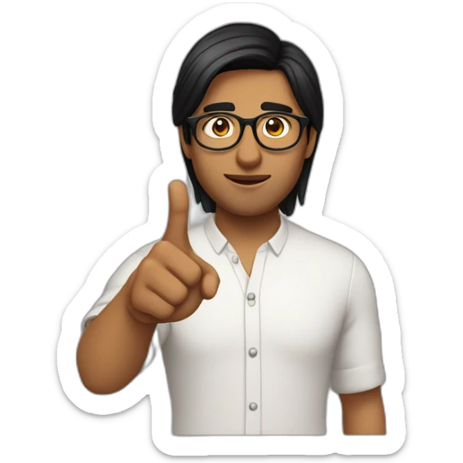 indian guy with fair skin with straight hair with round fully circular glasses black eyes black hair pointing hand towards the left side sticker