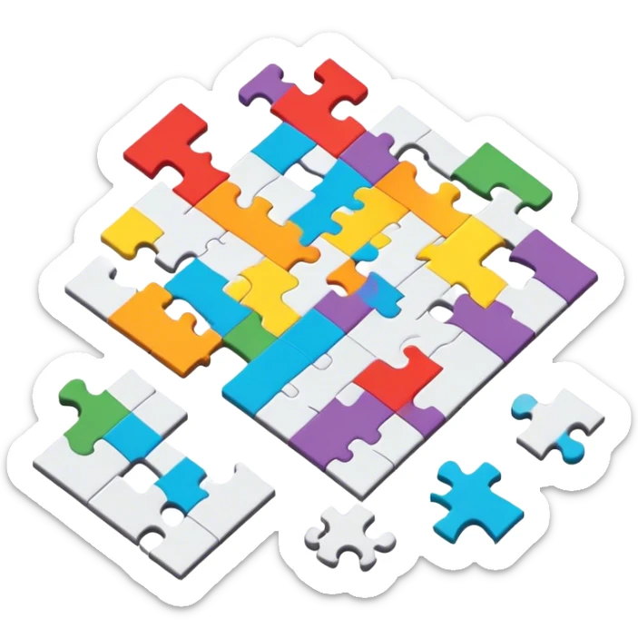 A photorealistic icon with a colorful, fragmented puzzle piece, a crossword magazine, a 3D puzzle, and a partially completed puzzle on a table. Bright, detailed design with realistic lighting. Transparent background, clearly symbolizing puzzles and brain games. sticker